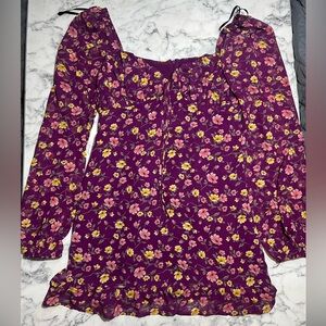 Burgundy dress floral sweetheart neckline low V bell sleeves milkmaid short fun